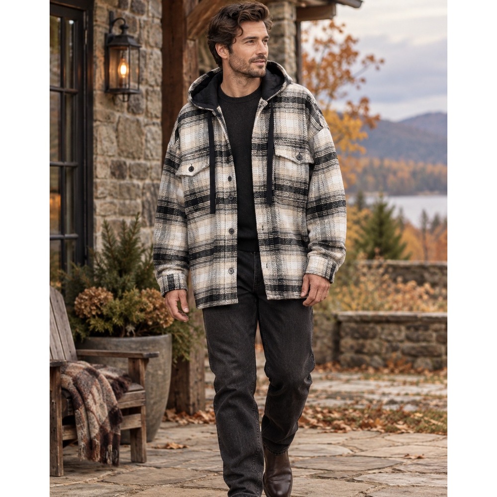 Zara Men's Wool Blend Hooded Plaid Shacket Chore Coat Large Utility Cabincore